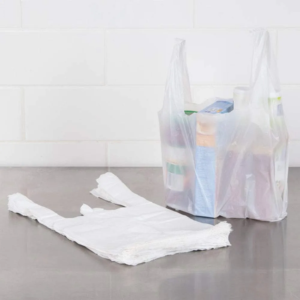 APQ Pack of 2000 White T-Shirt Plastic Bags 6 x 3 x 12. Plain T-Shirt Carry-Out Bags 6x3x12. Thickness 0.65 mil. Unprinted Shopping Grocery Bags. Handled Polyethylene Bags for Stores or Restaurants.
