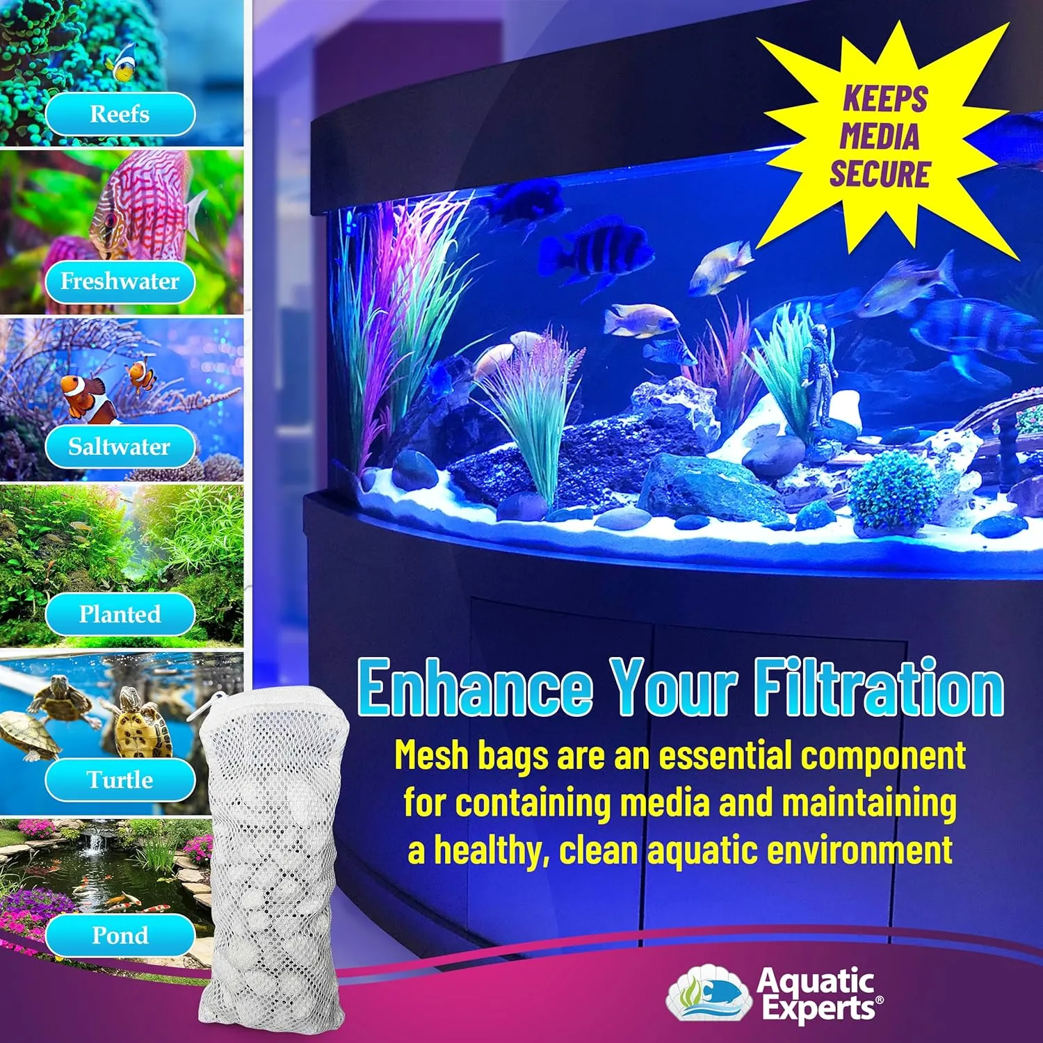 Aquatic Experts Max Flow Filter Media Bags - Secure Zipper Bags for Fish Tank, Aquarium and Pond, 5" x 9" - 4 Pack