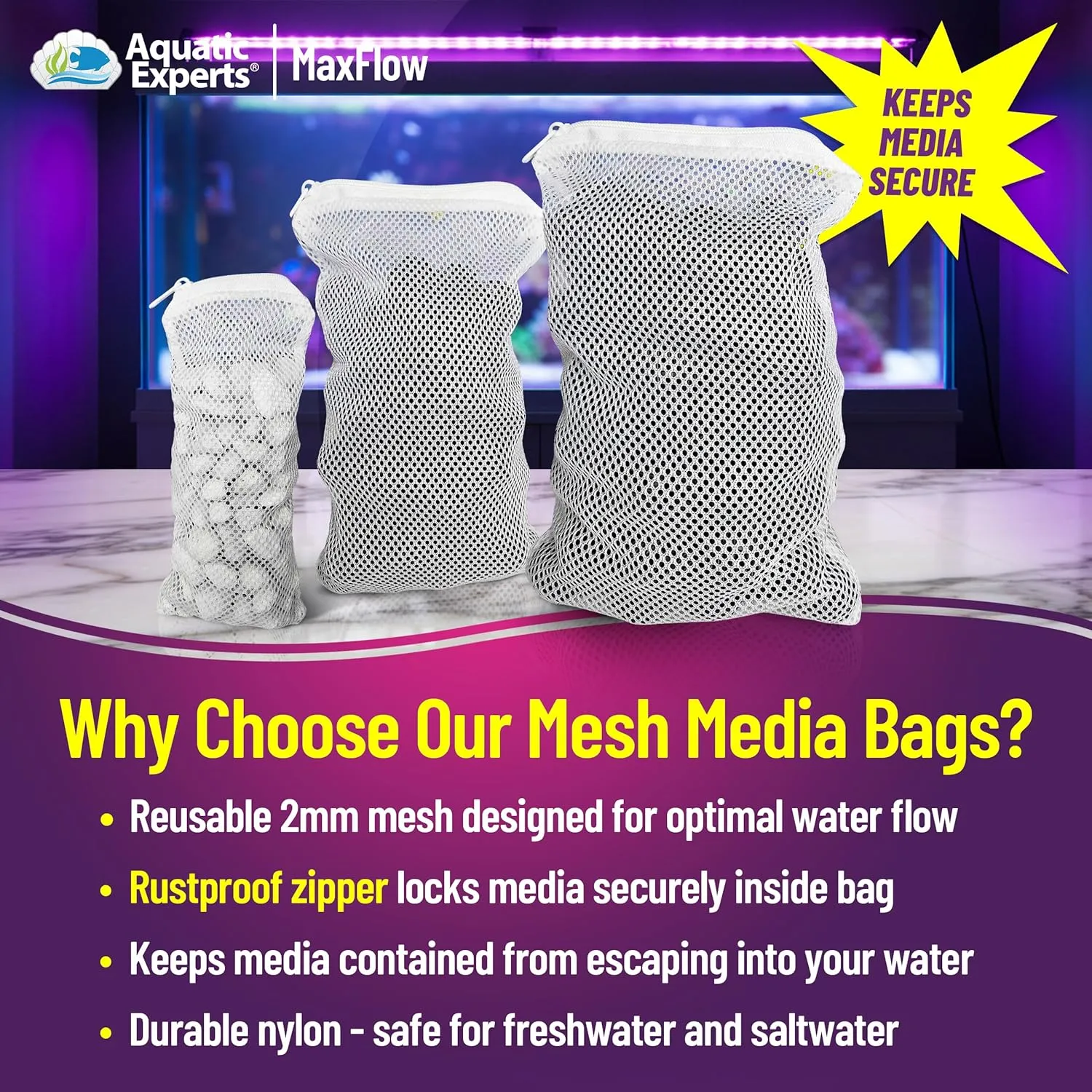 Aquatic Experts Max Flow Filter Media Bags - Secure Zipper Bags for Fish Tank, Aquarium and Pond, 5" x 9" - 4 Pack