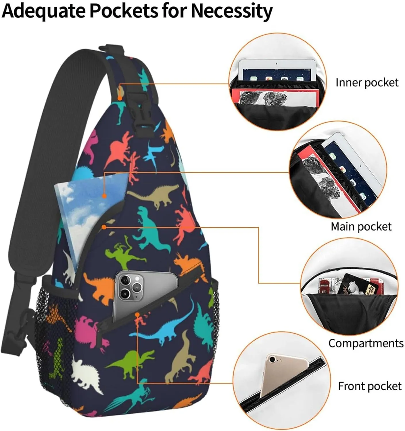 ASYG Cute Funny Dinosaur Sling Bag Crossbody Backpack for Women Men Travel Hiking Daypack Dino Crossbody Shoulder Bag
