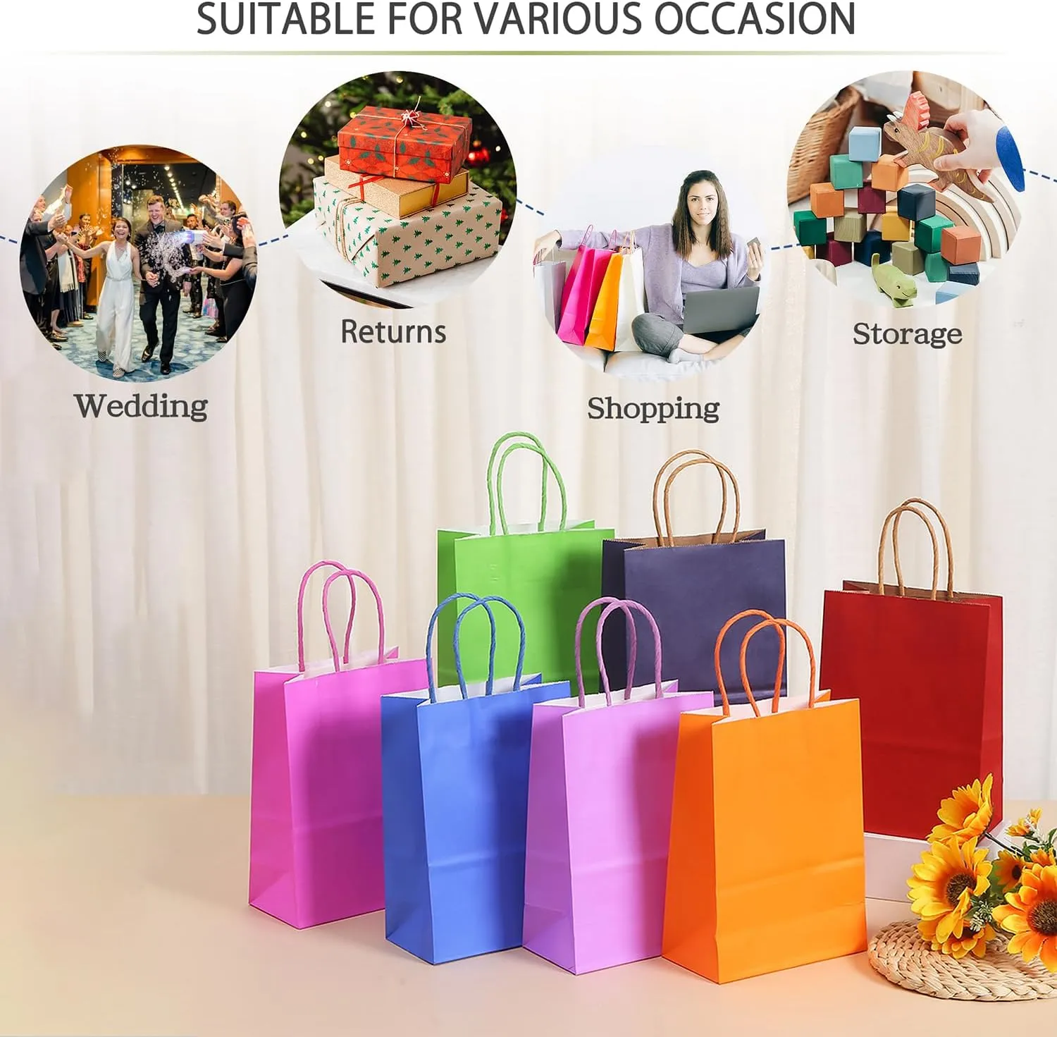 AZOWA Gift Bags Light Blue Kraft Paper Bags With Handles (7.5 x 3.9 x 9.8 in, 12 CT)