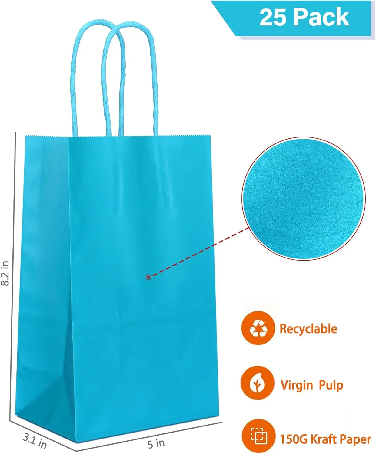 AZOWA Teal Gift Bags Small Kraft Paper Bags with Handles (5 x 3.1 x 8.2 in, Teal, 25 Pcs)