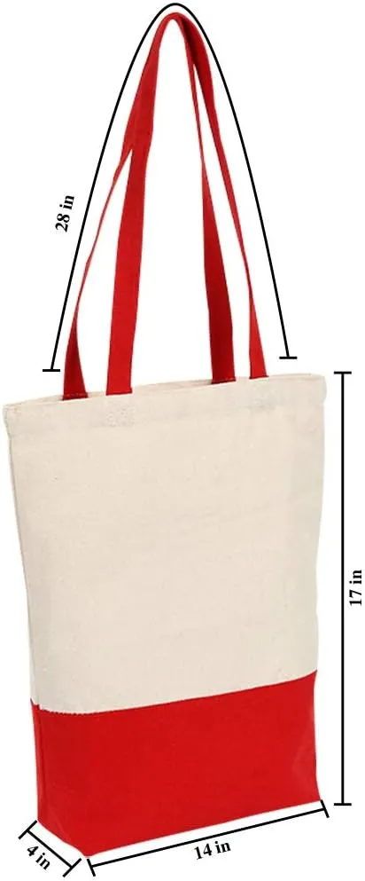 Azuca Canvas Tote Bag Heavy Duty 12 oz Cotton with Bottom Gusset Grocery Beach Shopping Bag 17x14x4 Inches - 6 Pack (Red)
