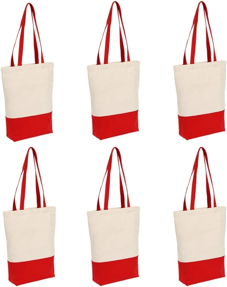 Azuca Canvas Tote Bag Heavy Duty 12 oz Cotton with Bottom Gusset Grocery Beach Shopping Bag 17x14x4 Inches - 6 Pack (Red)