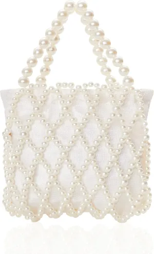 BABEYOND Women Pearl Clutch Purse - Bucket Beaded Bridal Evening Bag Formal Reticulated Bag with Inner Bag for Party Wedding