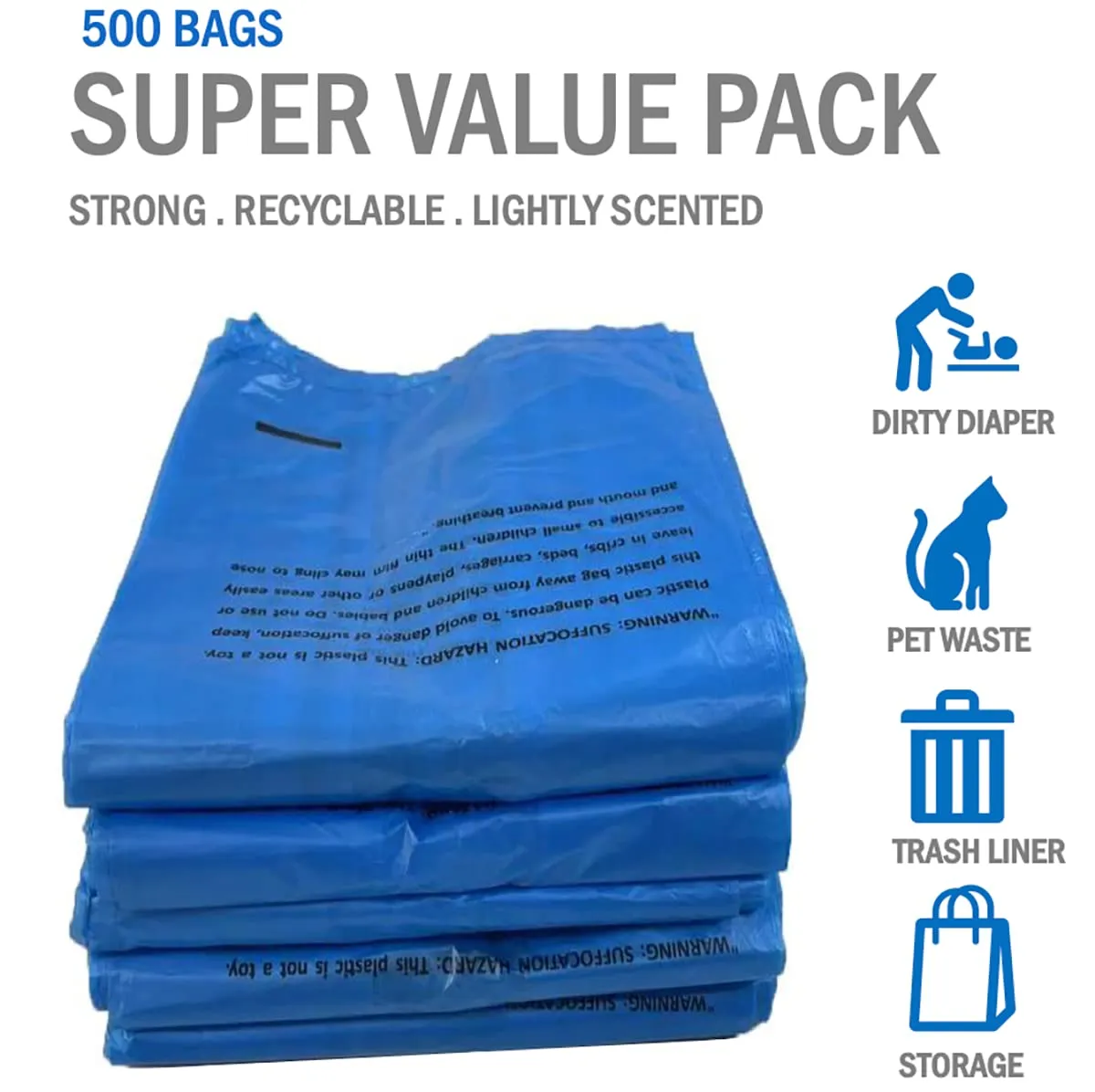 Baby Diaper Bag Disposable (500 Count, Blue) Fresh Baby Powder Scented Easy Tie Handles Bulk Diaper Sacks Disposable Dog Poop Bags Cat Litter Clump & Poop Bags Sanitary Pads Disposal Bags (500 Bags)