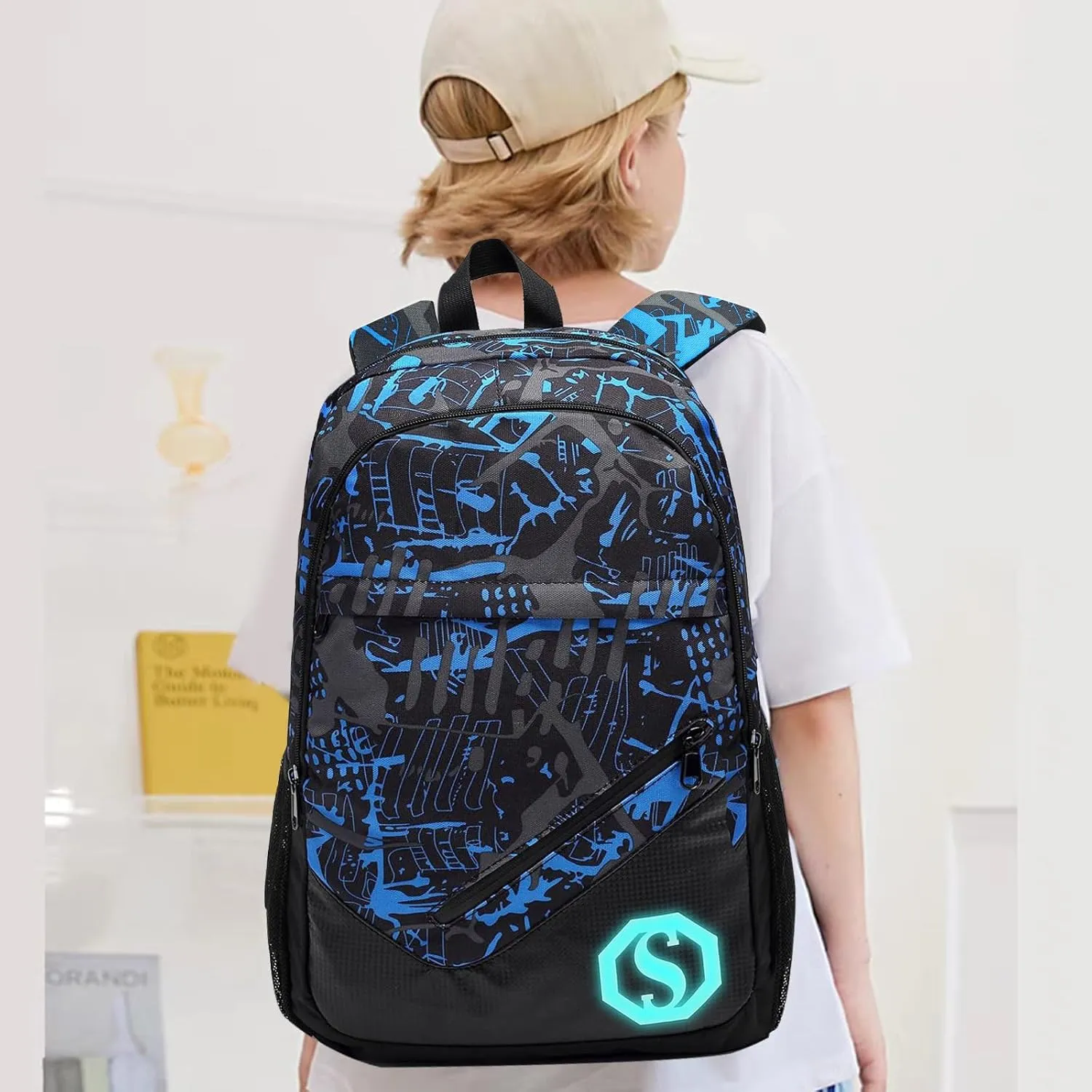 Backpack for Kids Boys Elementary Bookbag 17 Inch Middle School Bag Primary Waterproof Rucksack for Teens Travel Fits Ages 6  YO(Graffiti-Blue Black)