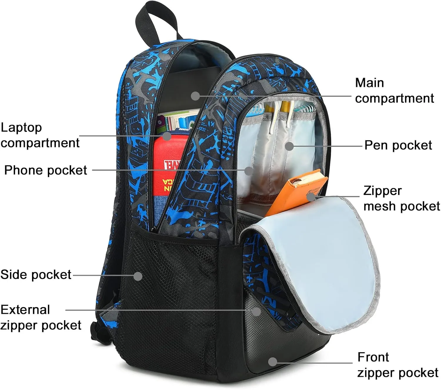 Backpack for Kids Boys Elementary Bookbag 17 Inch Middle School Bag Primary Waterproof Rucksack for Teens Travel Fits Ages 6  YO(Graffiti-Blue Black)