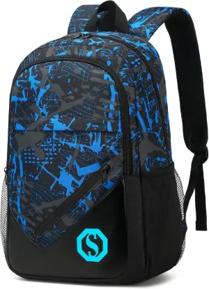 Backpack for Kids Boys Elementary Bookbag 17 Inch Middle School Bag Primary Waterproof Rucksack for Teens Travel Fits Ages 6  YO(Graffiti-Blue Black)