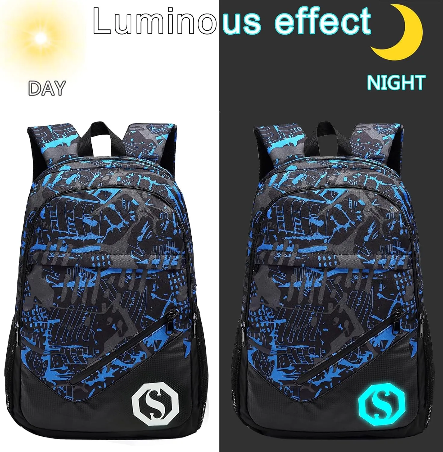 Backpack for Kids Boys Elementary Bookbag 17 Inch Middle School Bag Primary Waterproof Rucksack for Teens Travel Fits Ages 6  YO(Graffiti-Blue Black)