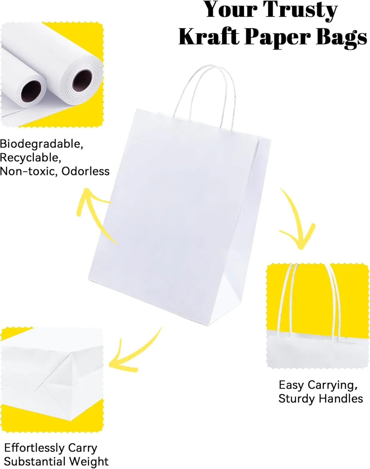 BAG BOX 50 Pack 8.25x4.3x10.6 Inch White Gift Bags with Handles,Bulk Kraft Paper Bags for Shopping, Retail, Merchandise, Wedding, Party Favors, Paper Grocery Sacks