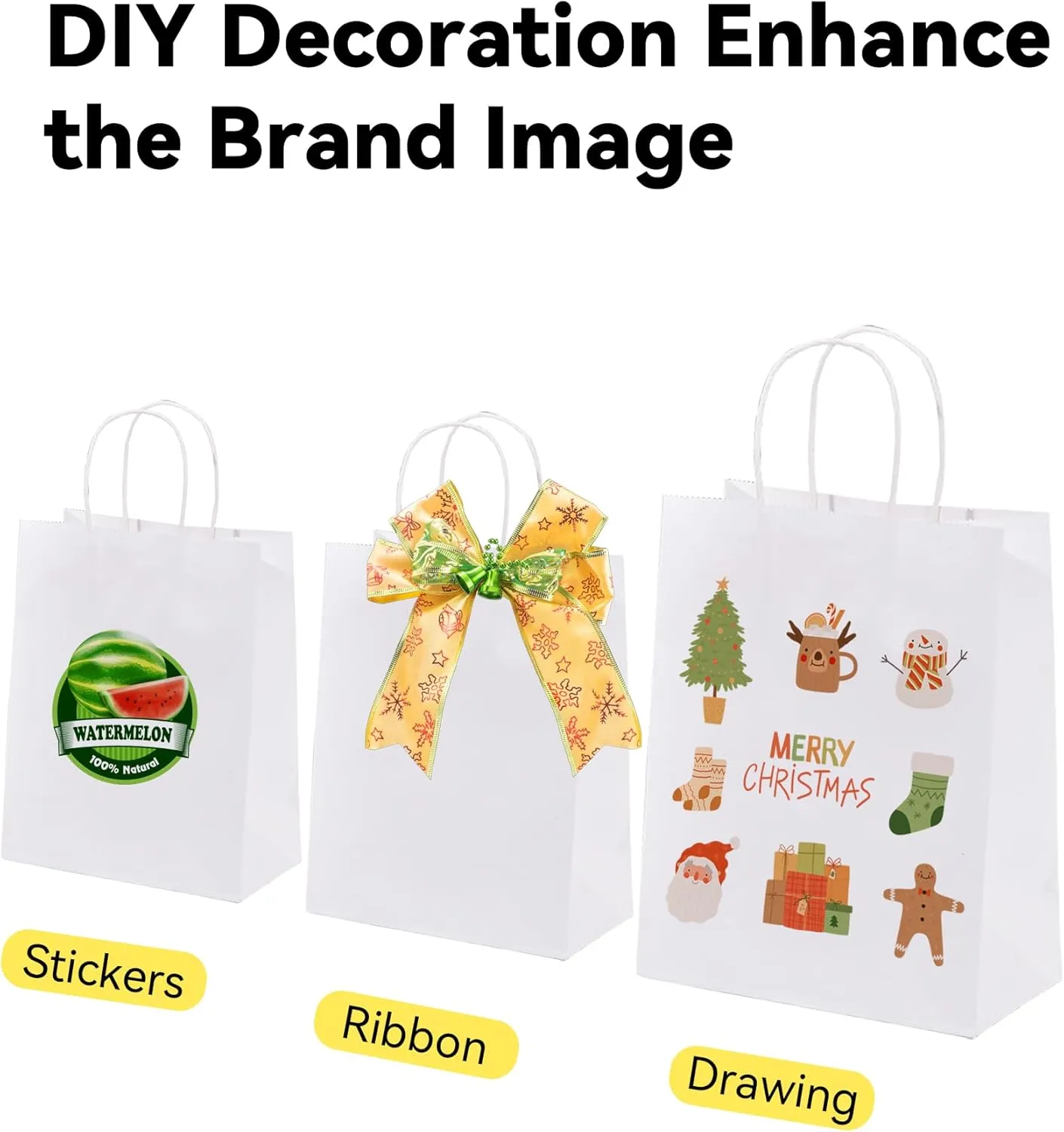 BAG BOX 50 Pack 8.25x4.3x10.6 Inch White Gift Bags with Handles,Bulk Kraft Paper Bags for Shopping, Retail, Merchandise, Wedding, Party Favors, Paper Grocery Sacks