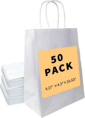 BAG BOX 50 Pack 8.25x4.3x10.6 Inch White Gift Bags with Handles,Bulk Kraft Paper Bags for Shopping, Retail, Merchandise, Wedding, Party Favors, Paper Grocery Sacks