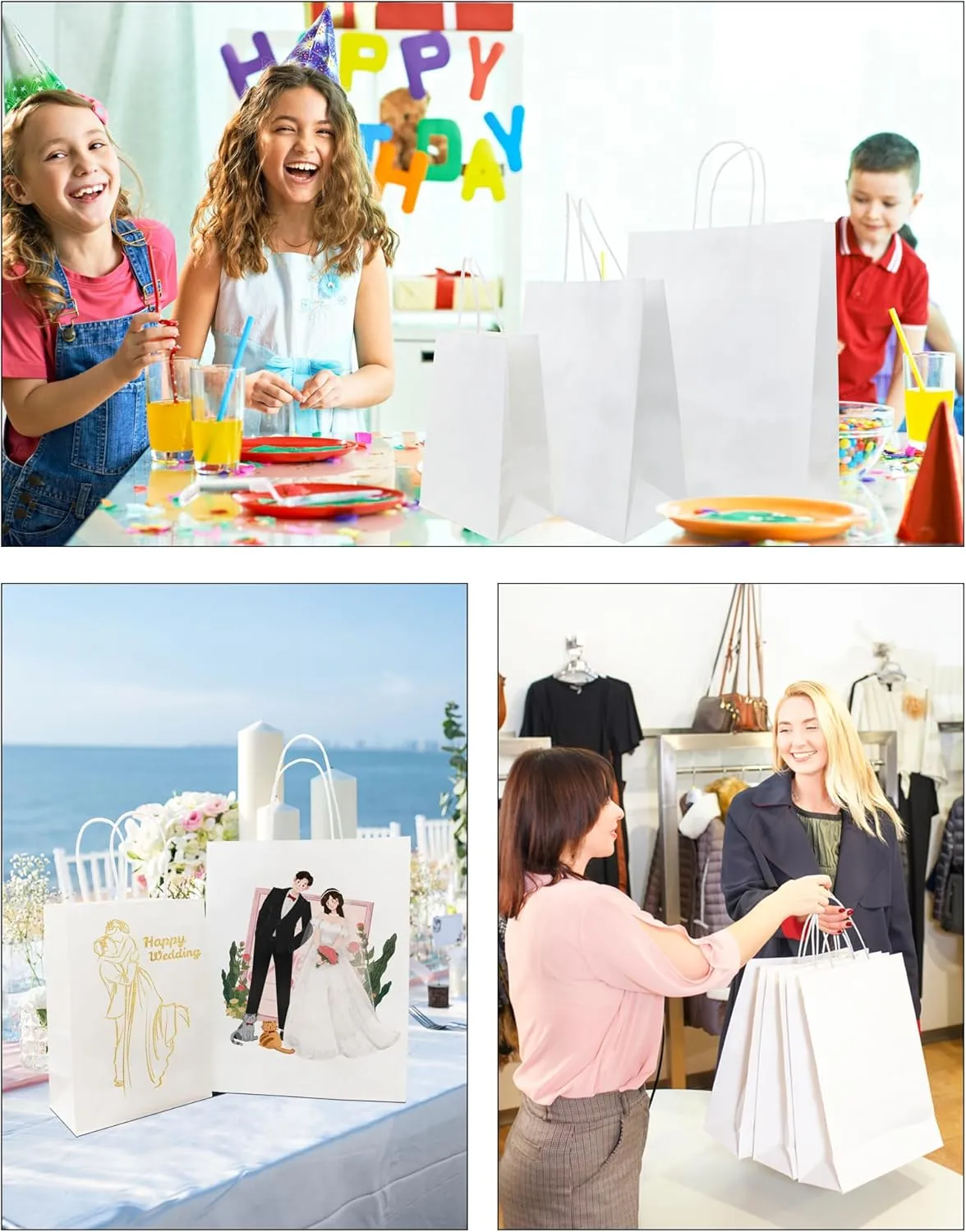 BAG BOX 50 Pack 8.25x4.3x10.6 Inch White Gift Bags with Handles,Bulk Kraft Paper Bags for Shopping, Retail, Merchandise, Wedding, Party Favors, Paper Grocery Sacks