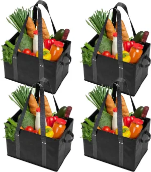 BAG-THAT! 4pk Reusable Grocery Bags Shopping Bags Tote Box Large Heavy Duty Groceries Bag Handles Foldable Reinforced Bottom (Black)