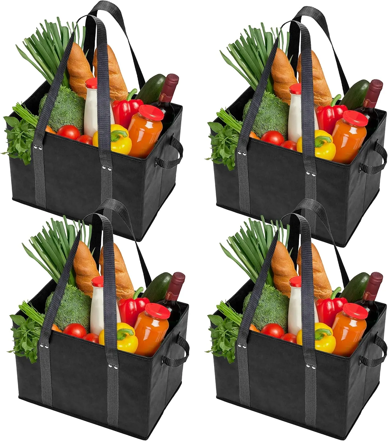 BAG-THAT! 4pk Reusable Grocery Bags Shopping Bags Tote Box Large Heavy Duty Groceries Bag Handles Foldable Reinforced Bottom (Black)