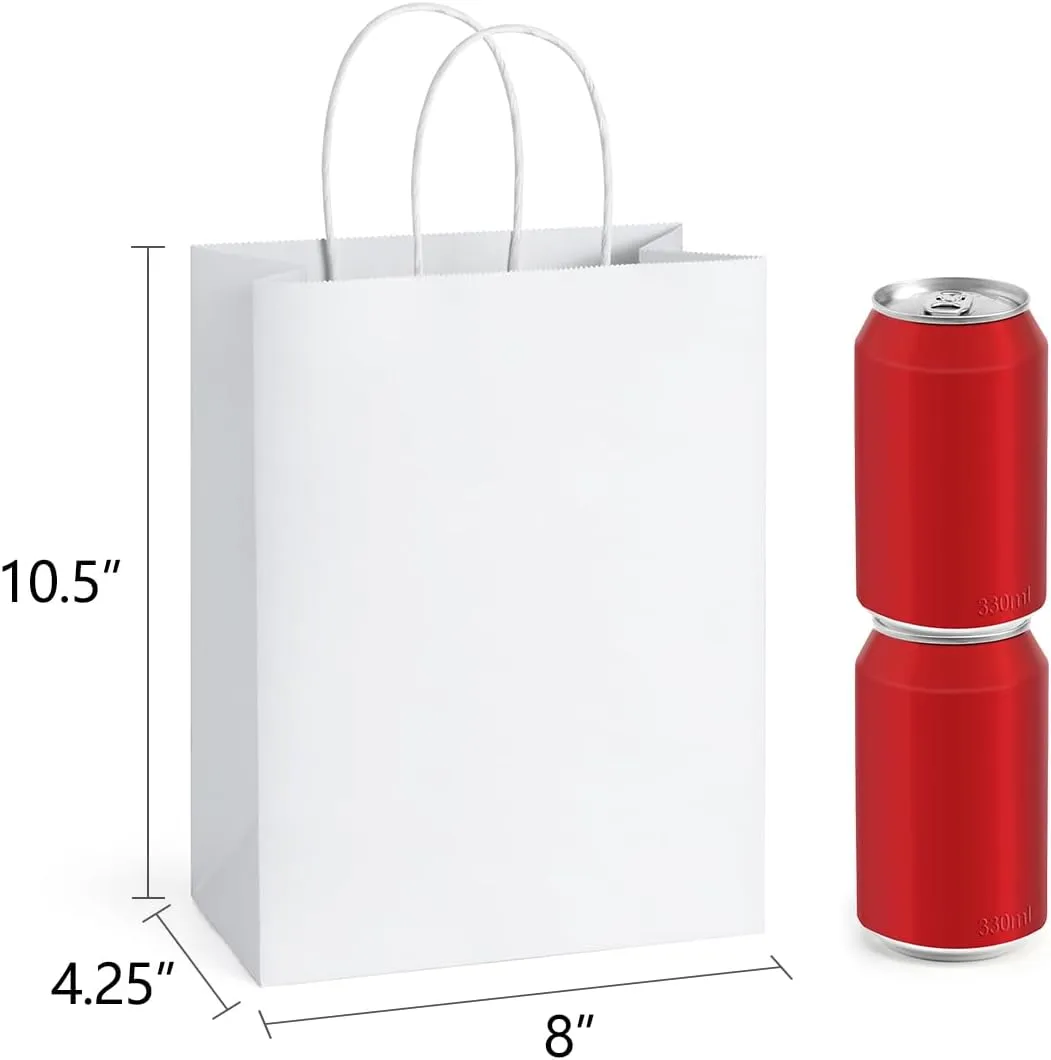 BagDream 25Pcs White Gift Bags 8x4.25x10.5 Kraft Paper for Gifts, Shopping Retail Merchandise Grocery Sacks, White Paper Bags with Handles Bulk Medium