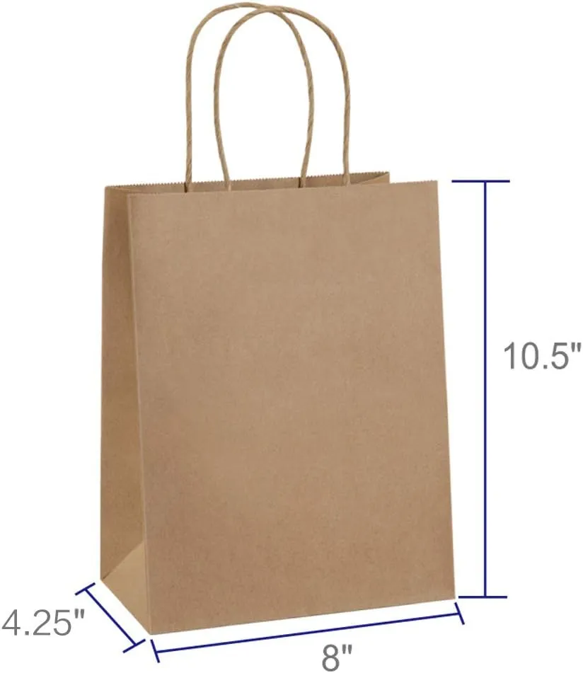 BagDream Gift Bags 8x4.25x10.5 100Pcs Kraft Brown Paper Gift Bags with Handles Bulk for Wedding, Party Favor, Grocery, Shopping, Retail, Merchandise Medium Paper Sacks