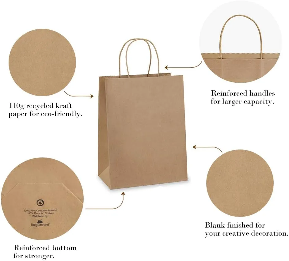 BagDream Gift Bags 8x4.25x10.5 100Pcs Kraft Brown Paper Gift Bags with Handles Bulk for Wedding, Party Favor, Grocery, Shopping, Retail, Merchandise Medium Paper Sacks