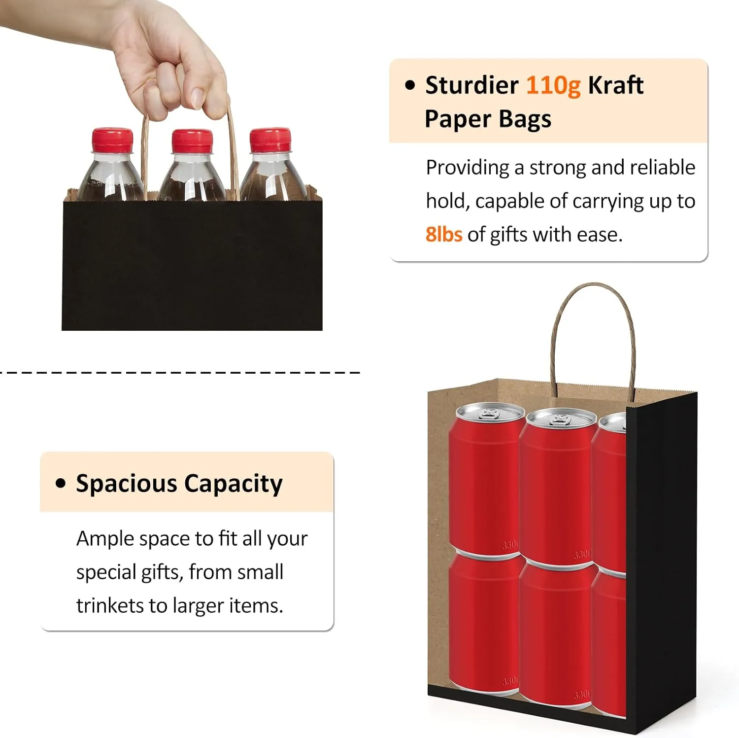 BagDream Recyclable Kraft Paper Gift Bag, 8x4.25x10.5 Inches, 100Pcs, Black, with Handles, Bulk, FSC Compliant, Multipurpose