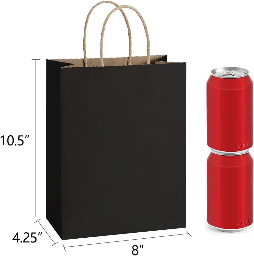 BagDream Recyclable Kraft Paper Gift Bag, 8x4.25x10.5 Inches, 100Pcs, Black, with Handles, Bulk, FSC Compliant, Multipurpose