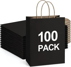 BagDream Recyclable Kraft Paper Gift Bag, 8x4.25x10.5 Inches, 100Pcs, Black, with Handles, Bulk, FSC Compliant, Multipurpose