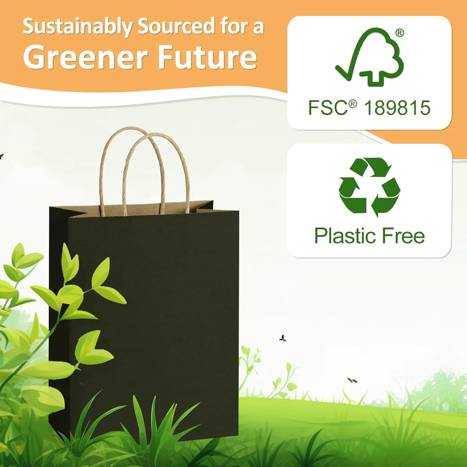 BagDream Recyclable Kraft Paper Gift Bag, 8x4.25x10.5 Inches, 100Pcs, Black, with Handles, Bulk, FSC Compliant, Multipurpose