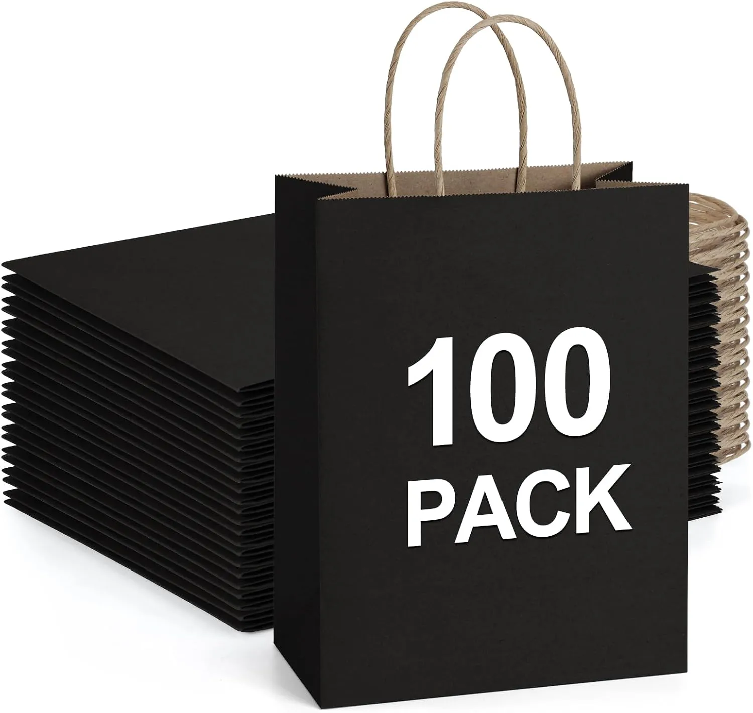 BagDream Recyclable Kraft Paper Gift Bag, 8x4.25x10.5 Inches, 100Pcs, Black, with Handles, Bulk, FSC Compliant, Multipurpose