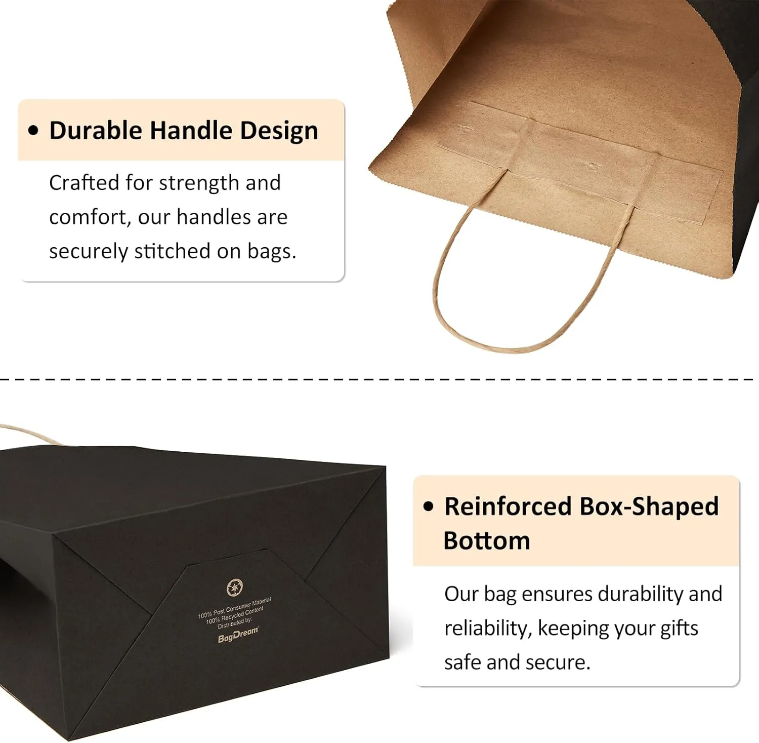 BagDream Recyclable Kraft Paper Gift Bag, 8x4.25x10.5 Inches, 100Pcs, Black, with Handles, Bulk, FSC Compliant, Multipurpose