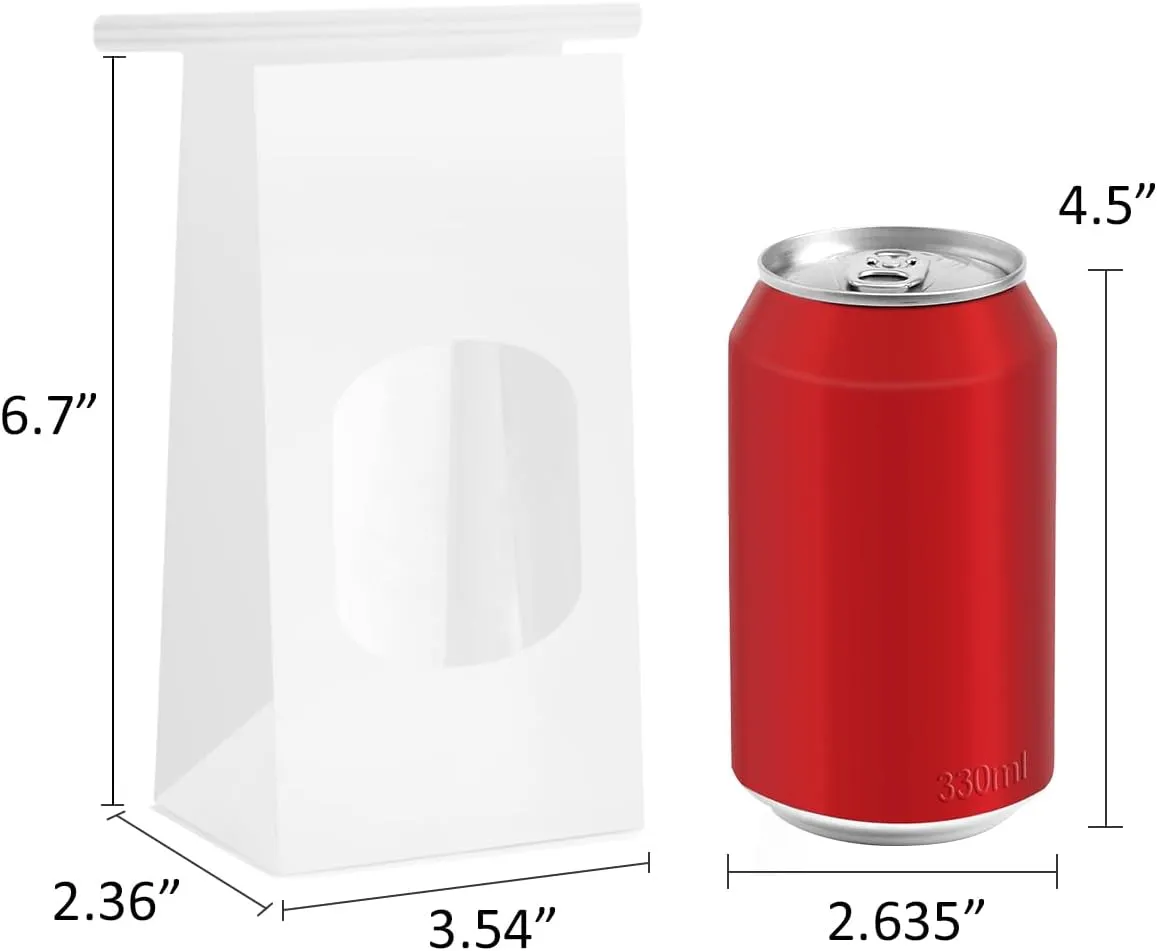 BagDream Small Bakery Bags with Window 100Pcs 3.54x2.36x6.7 Inches Tin Tie Tab Lock Kraft White Window Paper Bags for Coffee Bean, Cookies, Treat, Snack