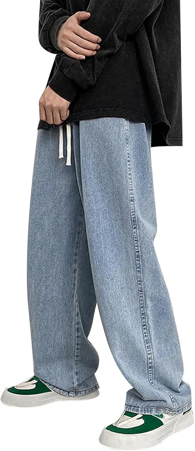 Baggy Jeans Men Elastic Waist Loose Fitted Vintage 90s Denim Pants Y2k Hip Hop Straight Leg Skater Jeans Streetwear