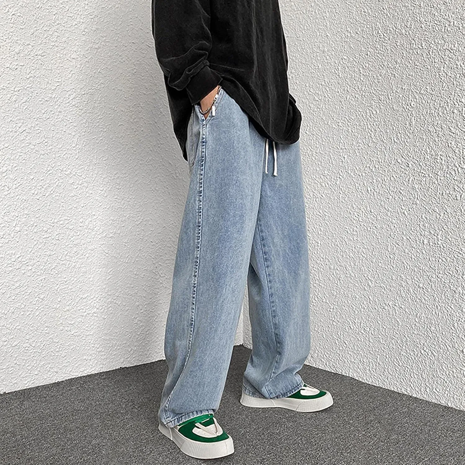 Baggy Jeans Men Elastic Waist Loose Fitted Vintage 90s Denim Pants Y2k Hip Hop Straight Leg Skater Jeans Streetwear