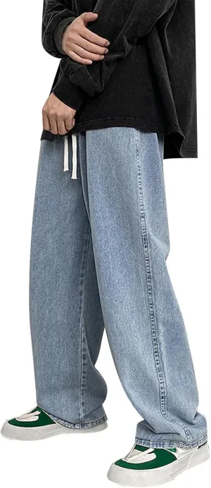 Baggy Jeans Men Elastic Waist Loose Fitted Vintage 90s Denim Pants Y2k Hip Hop Straight Leg Skater Jeans Streetwear
