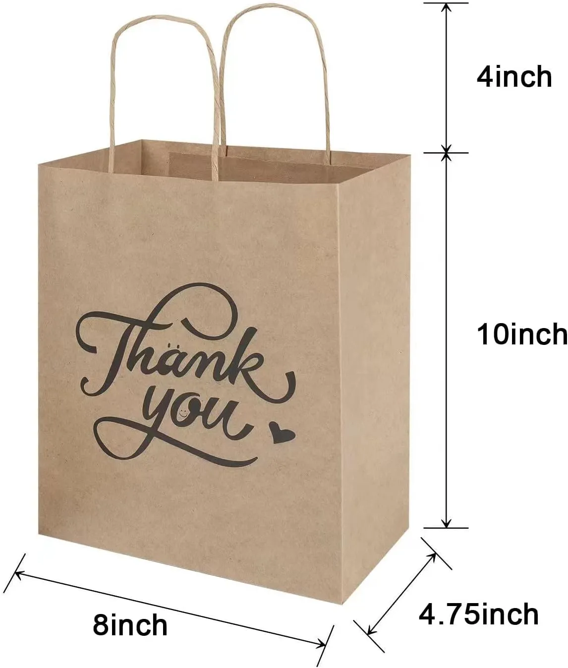 bagmad 100 Pack 8x4.75x10 Inch Medium Brown Paper Gift Bags with Handles Bulk, Thank You Kraft Paper Bags for Party Favors Grocery Retail Shopping Wedding Craft Sacks (Plain Natural, 100pcs Count)