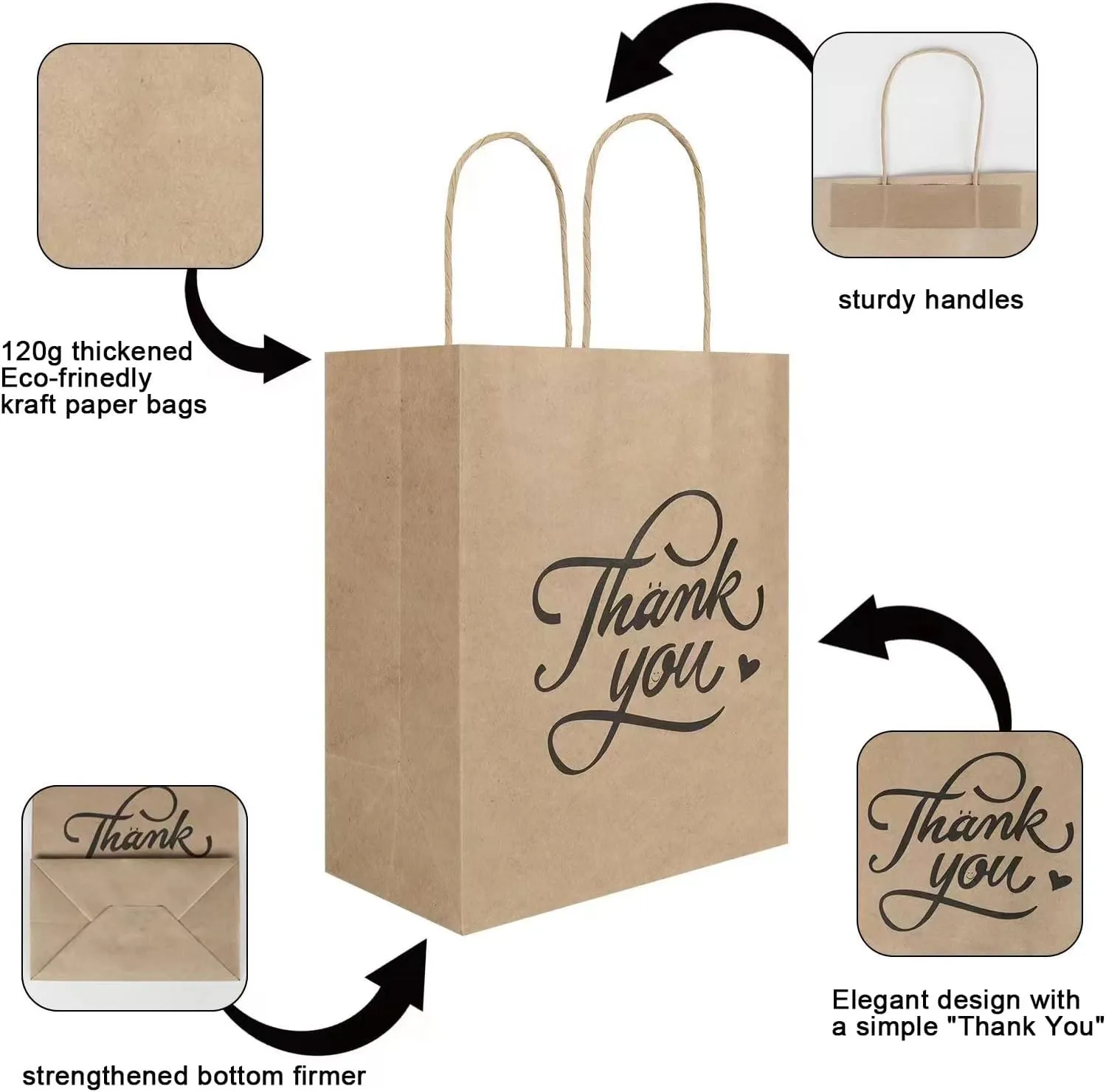 bagmad 100 Pack 8x4.75x10 Inch Medium Brown Paper Gift Bags with Handles Bulk, Thank You Kraft Paper Bags for Party Favors Grocery Retail Shopping Wedding Craft Sacks (Plain Natural, 100pcs Count)