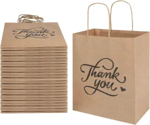 bagmad 100 Pack 8x4.75x10 Inch Medium Brown Paper Gift Bags with Handles Bulk, Thank You Kraft Paper Bags for Party Favors Grocery Retail Shopping Wedding Craft Sacks (Plain Natural, 100pcs Count)