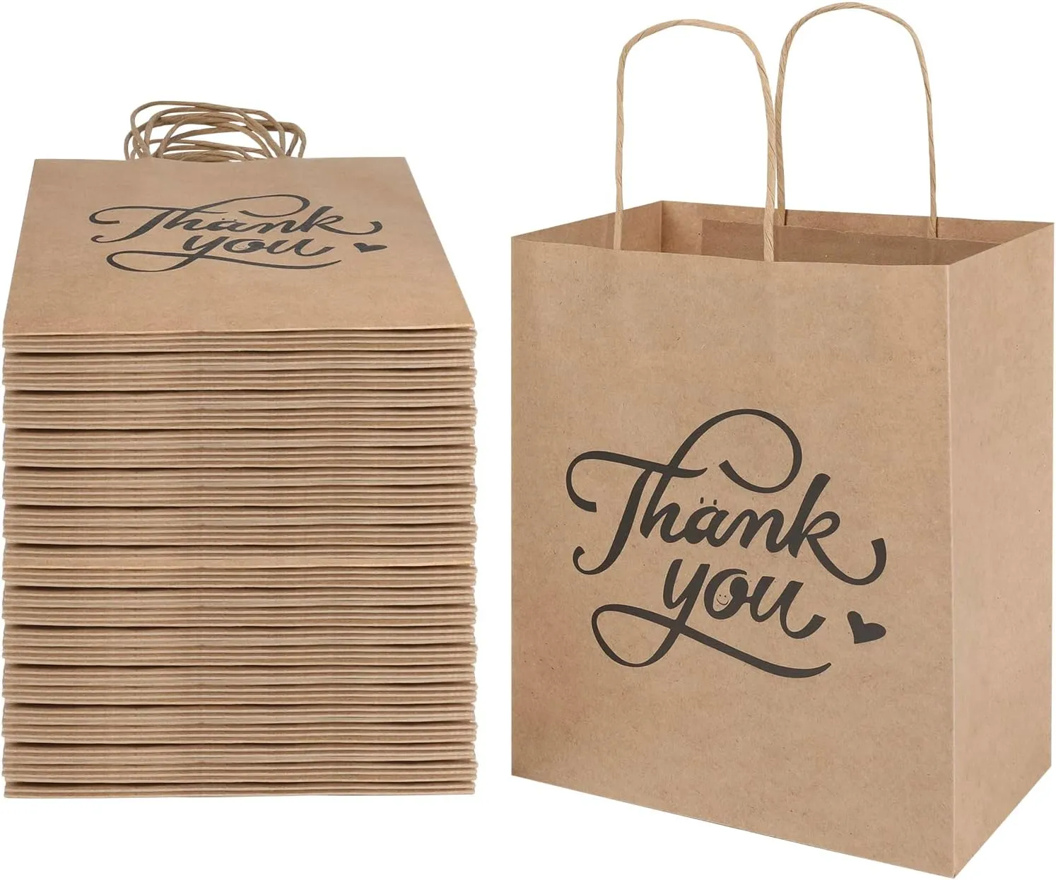 bagmad 100 Pack 8x4.75x10 Inch Medium Brown Paper Gift Bags with Handles Bulk, Thank You Kraft Paper Bags for Party Favors Grocery Retail Shopping Wedding Craft Sacks (Plain Natural, 100pcs Count)