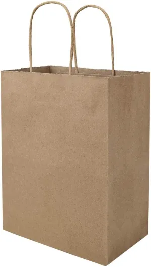 bagmad 50 Pack 8x4.75x10 Inch Plain Medium Paper Bags with Handles Bulk, Brown Kraft Craft Gift Bags, Grocery Shopping Retail Birthday Party Favors Wedding Sacks (Natural 50pcs)