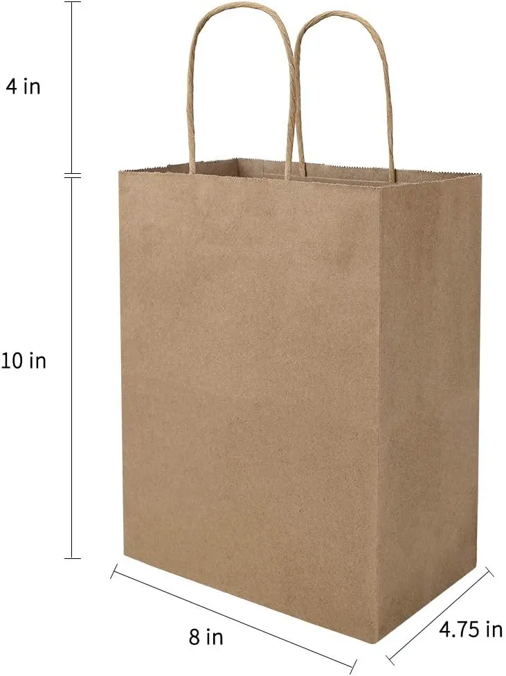 bagmad 50 Pack 8x4.75x10 Inch Plain Medium Paper Bags with Handles Bulk, Brown Kraft Craft Gift Bags, Grocery Shopping Retail Birthday Party Favors Wedding Sacks (Natural 50pcs)