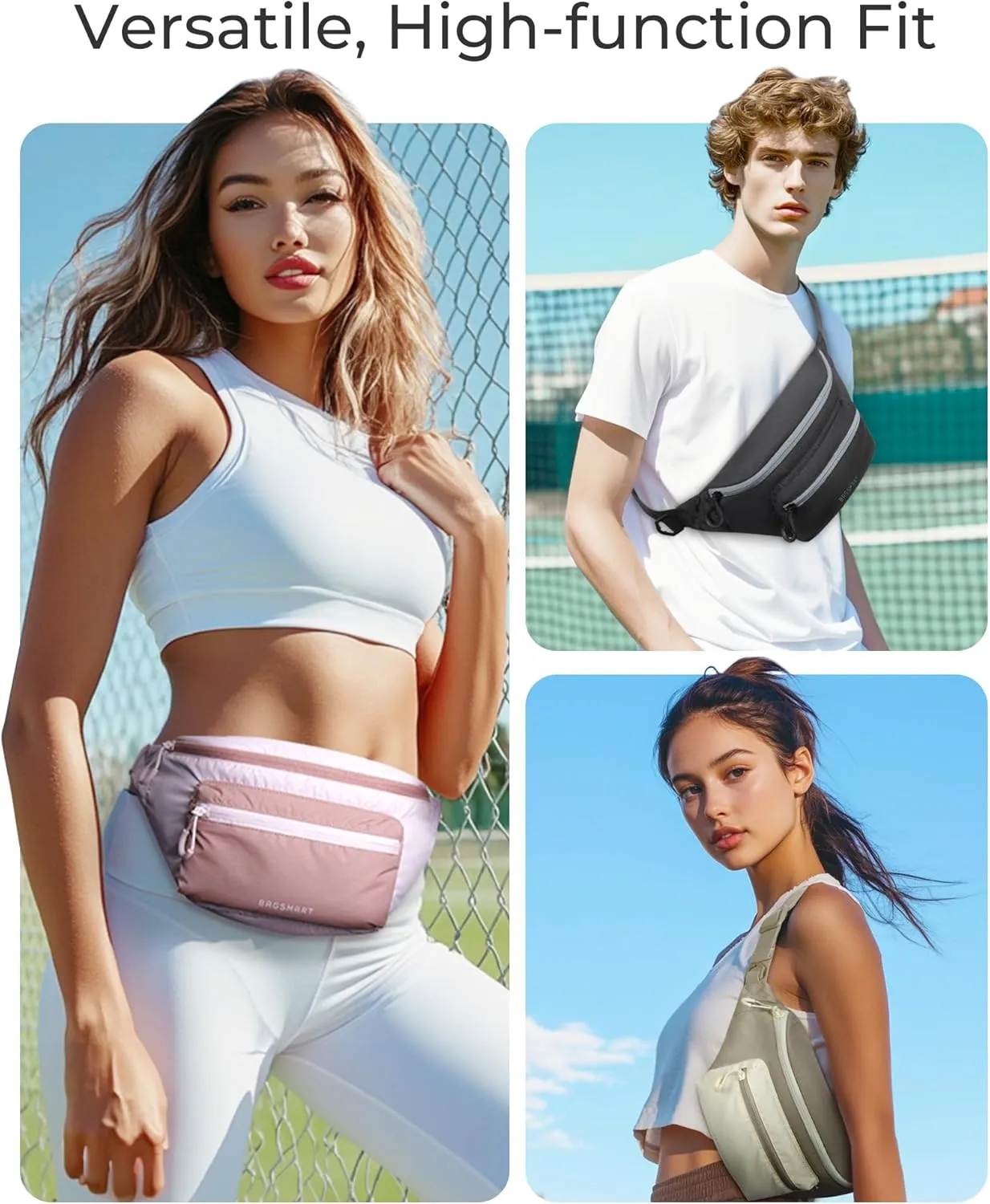 BAGSMART Fanny Packs for Women Men Crossbody Waist Bag with Adjustable Strap Belt Bag for Running Sport Travel Hiking, Beige