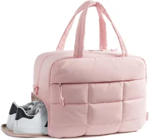 BAGSMART Puffer Travel Duffel Bag, Small Gym Bag for Women, Water-resistant Weekender with Shoe Compartment, Light Pink