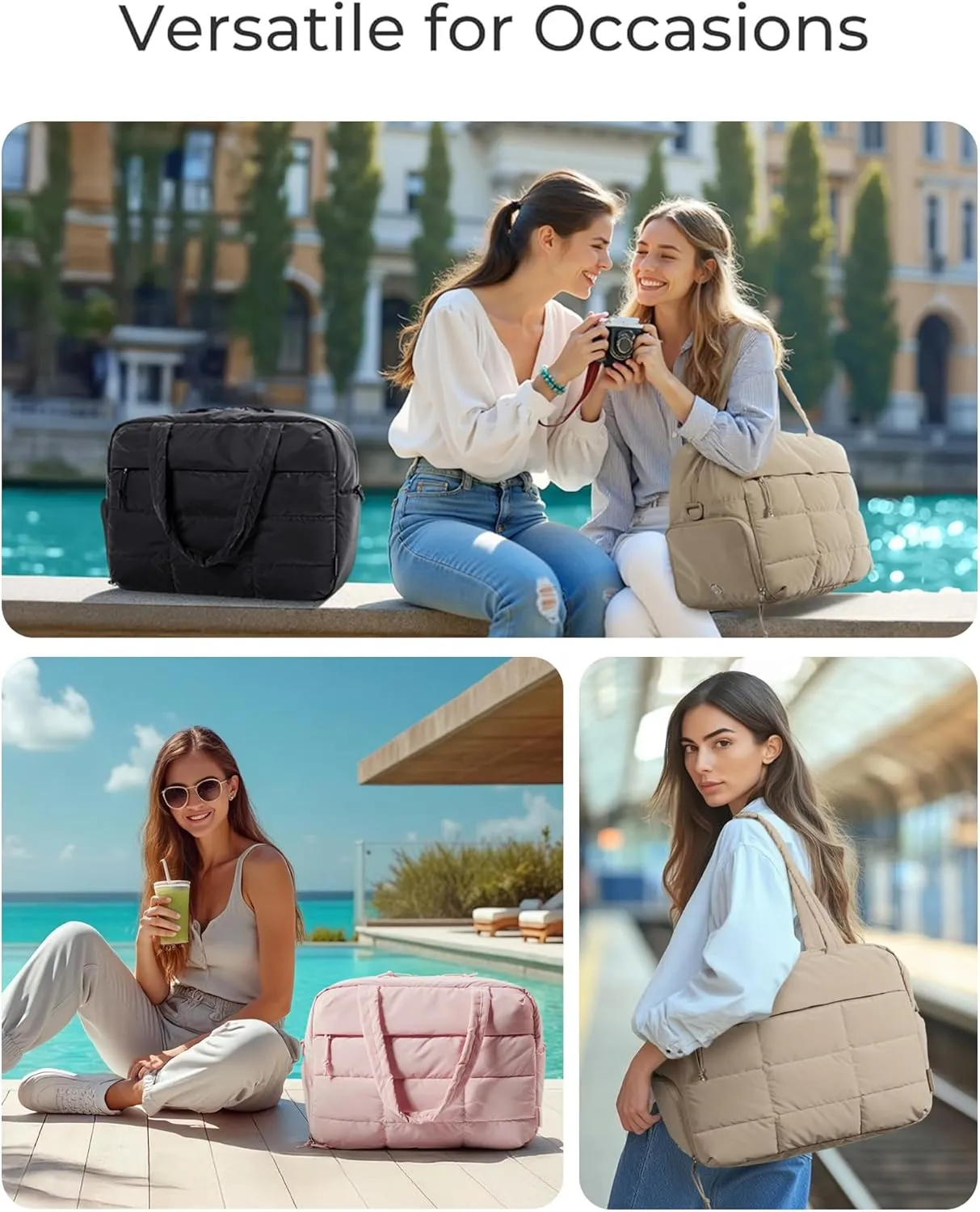 BAGSMART Puffer Travel Duffel Bag, Small Gym Bag for Women, Water-resistant Weekender with Shoe Compartment, Light Pink