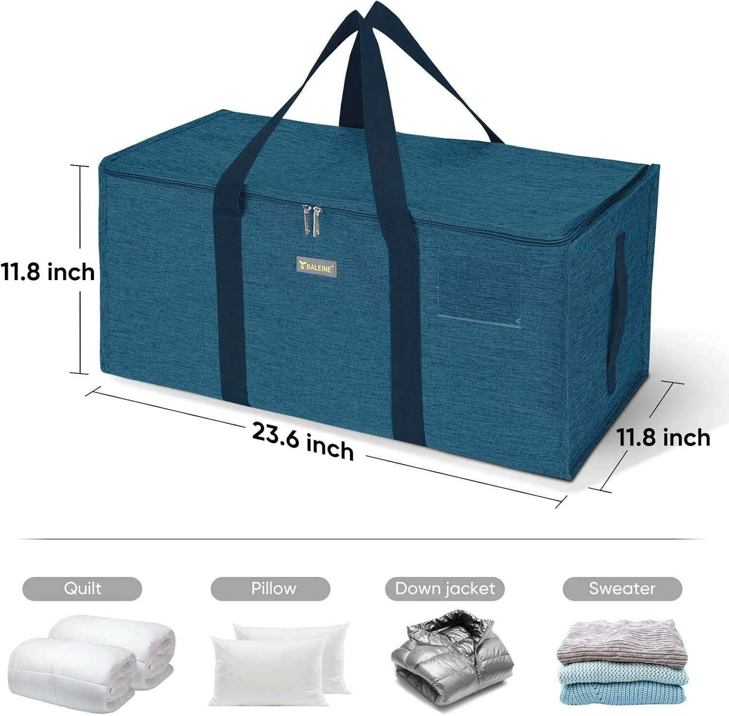 BALEINE Extra Large Storage Tote with Zippers & Carrying Handles, Heavy-Duty Oxford Fabric Moving Bags for Laundry, Space Saving, Storage, 2-Pack, Denim Blue