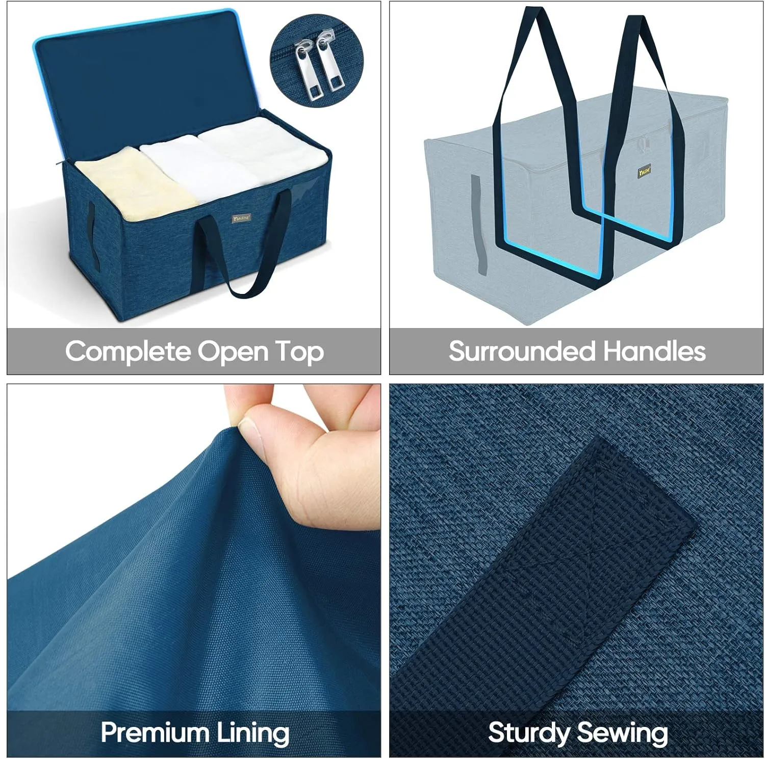 BALEINE Extra Large Storage Tote with Zippers & Carrying Handles, Heavy-Duty Oxford Fabric Moving Bags for Laundry, Space Saving, Storage, 2-Pack, Denim Blue