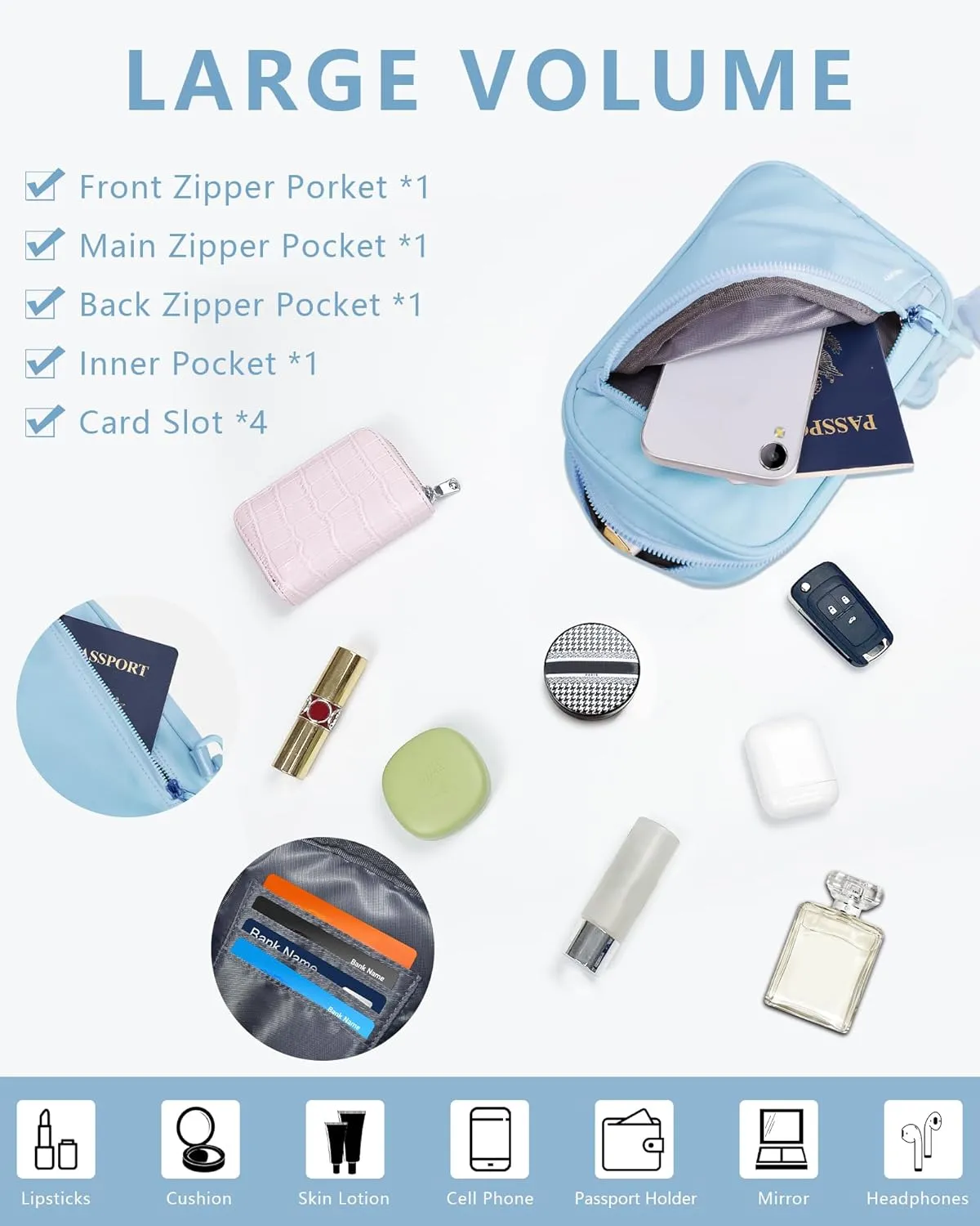 BAPHITY Small Sling Bag for Women and Men, Crossbody Bag Trendy, Fanny Packs Purses Chest Bag Small Backpack for Travel - Light Blue