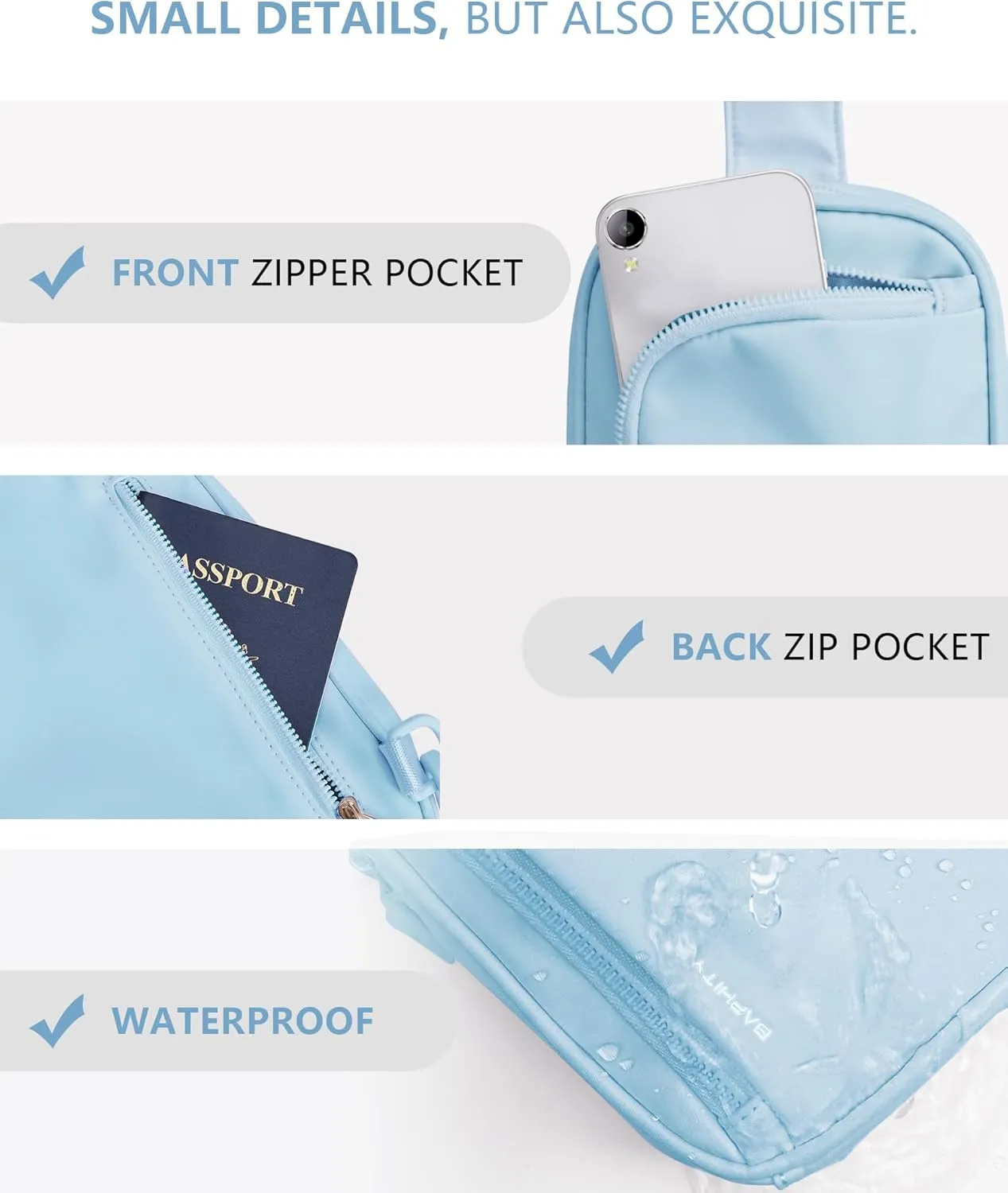 BAPHITY Small Sling Bag for Women and Men, Crossbody Bag Trendy, Fanny Packs Purses Chest Bag Small Backpack for Travel - Light Blue