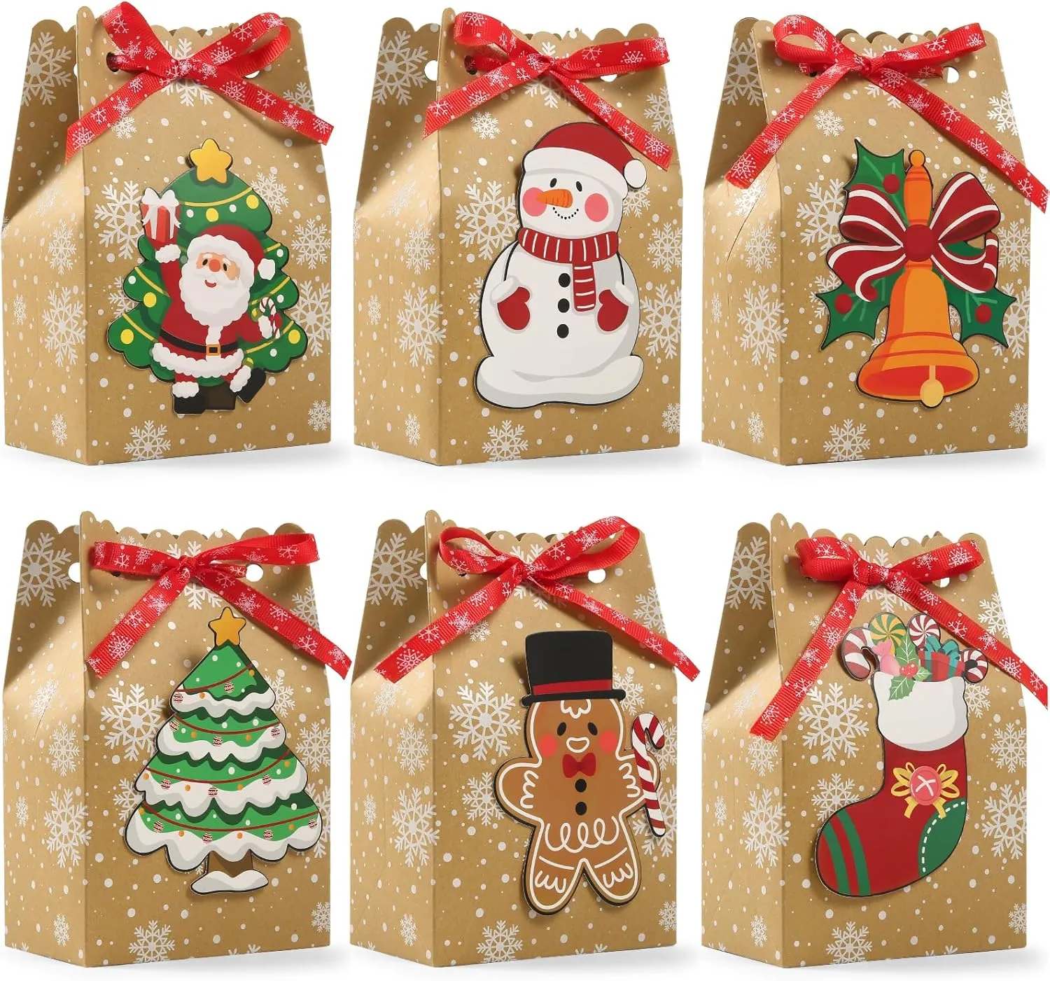 BBPOOL 24pcs Christmas Goody Bags - Kraft Gift Bags with Snowflake Ribbons, Gingerbread, Snowman, Santa Claus, Christmas Stocking Prints for Holiday Party Supplies