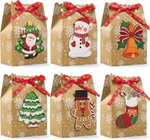BBPOOL 24pcs Christmas Goody Bags - Kraft Gift Bags with Snowflake Ribbons, Gingerbread, Snowman, Santa Claus, Christmas Stocking Prints for Holiday Party Supplies