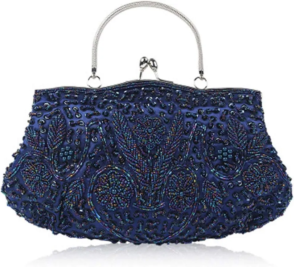 Beaded Sequin Design Flower Evening Purse Large Clutch Bag