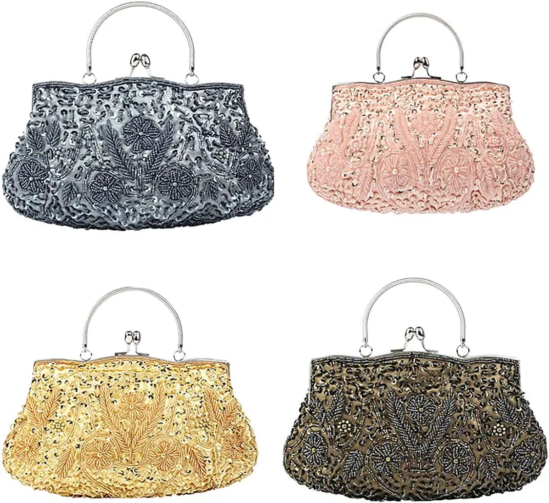 Beaded Sequin Design Flower Evening Purse Large Clutch Bag